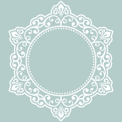 Oriental round frame with arabesques and floral elements. Floral light blue and white border with vintage pattern. Greeting card with place for text