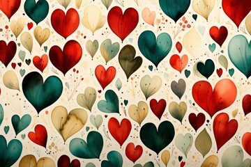 Dive into a sea of affection with this watercolor card, adorned with whimsical red and green hearts.