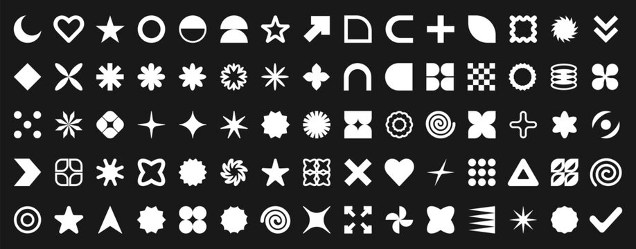 Set of white abstract geometric shapes and forms. Brutal contemporary figures, stars, flowers and other primitive elements. Trendy vector Y2K signs and symbols big set.