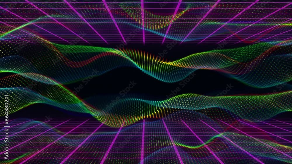 Poster animation of digital waves over purple grid network against black background with copy space