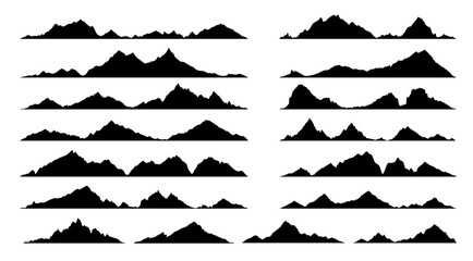 Rock, hill and mountain black silhouettes. Alps with summit peaks. Rocky landscape shapes. Isolated vector range of monochrome ridges. Set of majestic natural landscape elements for climbing or hiking - obrazy, fototapety, plakaty
