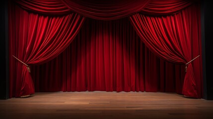 Red stage curtain and wooden floor realistic image. Theater, opera scene drape backdrop, concert grand opening or cinema premiere backstage, portiere for ceremony performance template 3d illustration