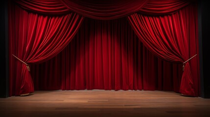 Fototapeta premium Red stage curtain and wooden floor realistic image. Theater, opera scene drape backdrop, concert grand opening or cinema premiere backstage, portiere for ceremony performance template 3d illustration