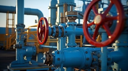 Shut-off valves with faucet and pipelines at an oil refinery.