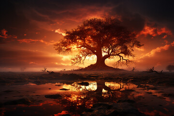 A lonely tree by the river at sunset. Dramatic landscape.