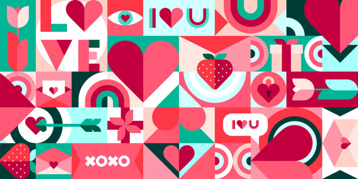 Valentine Bauhaus modern geometric pattern. Saint Valentine holiday, february celebration or couple romance greeting card design vector print with Bauhaus heart, strawberry, love letter shapes