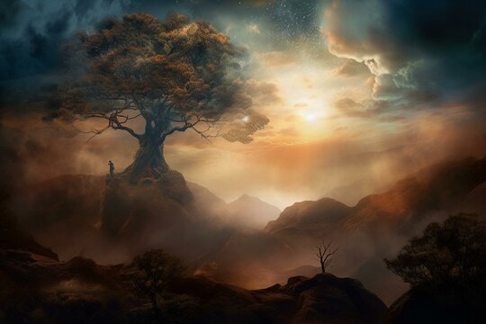 An otherworldly and mystical landscape with a transcendental aura. Generative AI