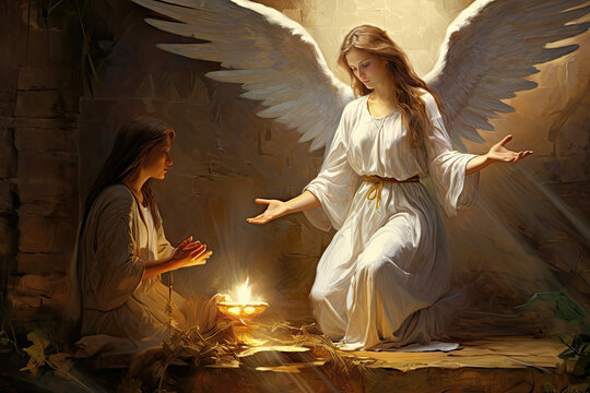 an angel kneels down next to the woman looking at her light, believe in god and Jesus concept