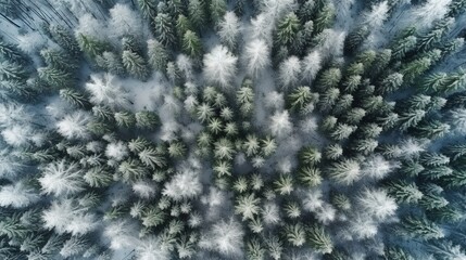 Generative AI, Misty winter fir forest beautiful landscape in hipster vintage retro style, evergreen trees with show
