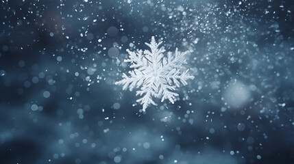 snowflake closeup on white and blue snowy background, winter wallpaper with copy space