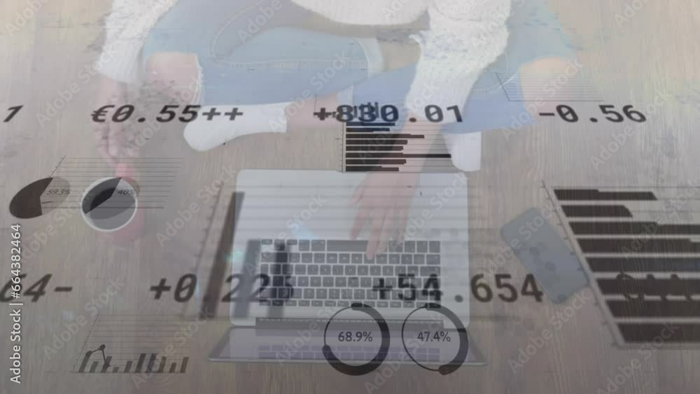 Poster animation of statistical, stock market data processing against overhead view of woman using a laptop