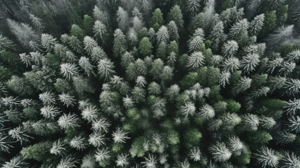 Generative AI, Misty winter fir forest beautiful landscape in hipster vintage retro style, evergreen trees with show
