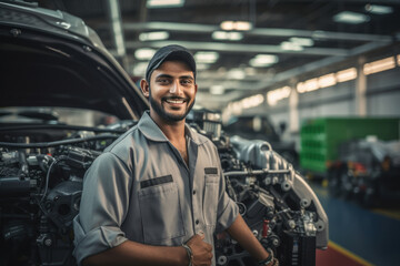 Successful car mechanic standing at garage