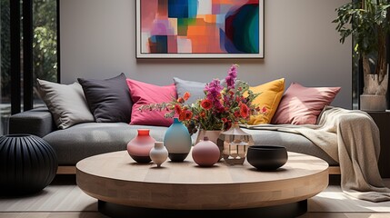 In a modern living room with Scandinavian-style interior design, there's a black round coffee table near a beige sofa with multicolored pillows