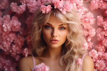 Young beautiful woman with pink color flower