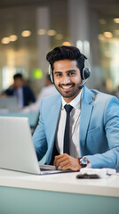 Young and handsome male executive working at call center