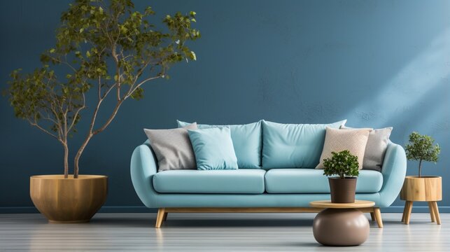 In a Scandinavian home interior design, a comfortable sofa and a potted tree adorn a living room with a blue wall and generous copy space