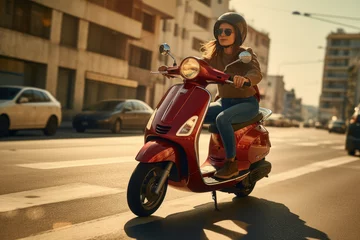 Crédence de cuisine en verre imprimé Scooter Young woman riding scooter in the city street