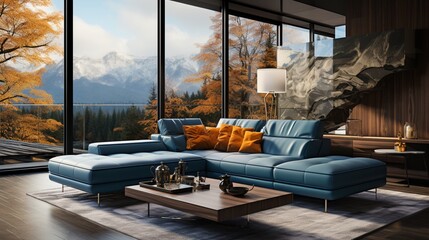 In the interior design of a modern living room, a blue corner sofa is positioned against a window...