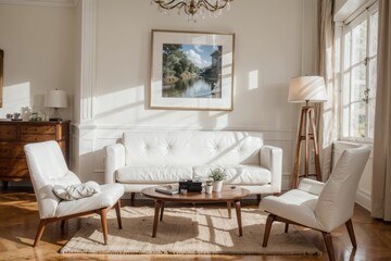 luxury livingroom interior design mockup with white leather furniture and picture frame in a wall. 