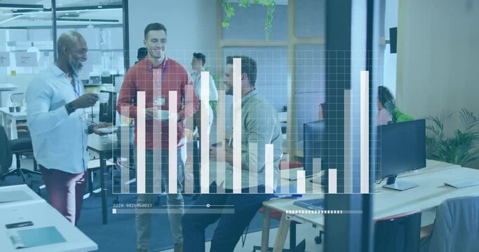 Animation of moving bar graph, loading bars over diverse coworkers discussing in tea break