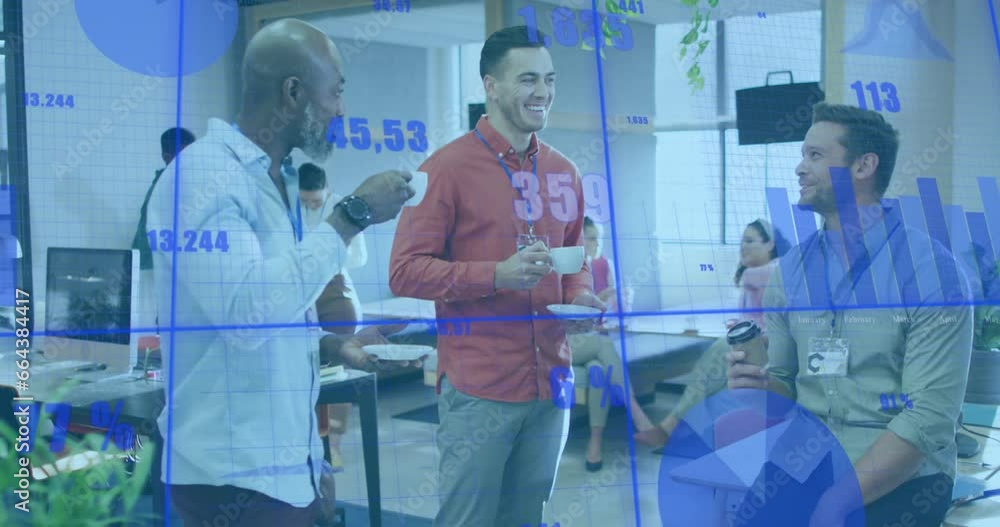 Aufkleber animation of multiple graphs with changing numbers, diverse coworkers discussing during tea break