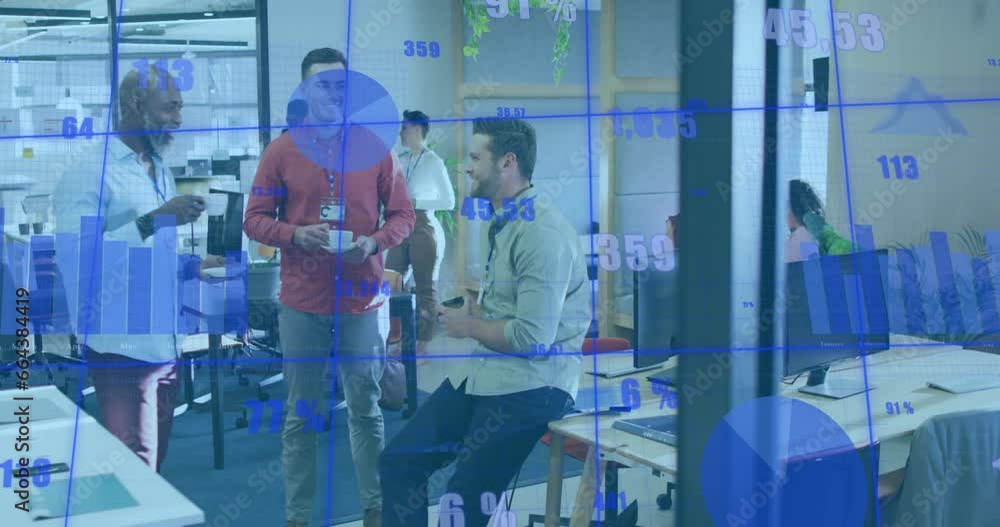 Aufkleber animation of multiple graphs with changing numbers, diverse coworkers discussing during tea break