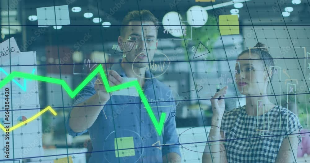 Poster animation of multiple graphs over diverse coworkers discussing strategy on transparent board