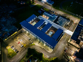 Aerial night view of the medical centre on Justice Walsh Road in Letterkenny , Ireland