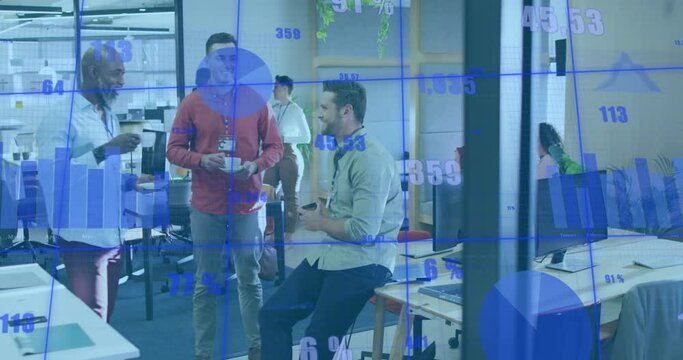 Animation of multiple graphs with changing numbers, diverse coworkers discussing during tea break