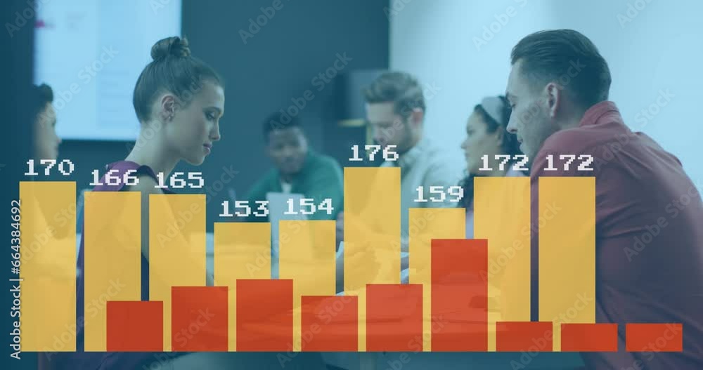 Poster animation of graphs with changing numbers, diverse coworkers discussing reports in office