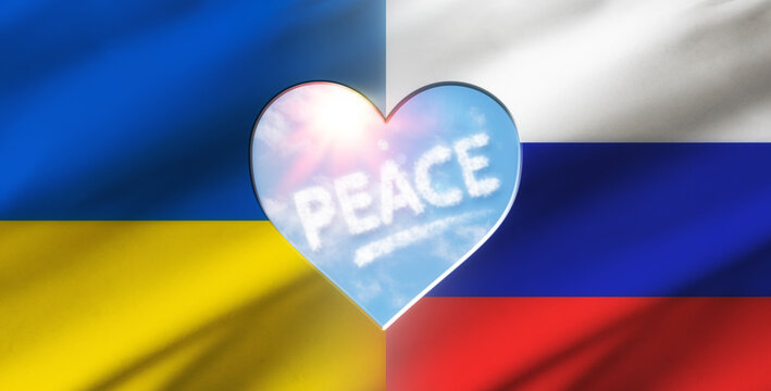 Ukraine and Russia flags with heart with text peace