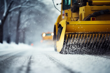 Close up of snow plow cleaning a road in background of winter snowstorm. Management concept of transportation and safety.