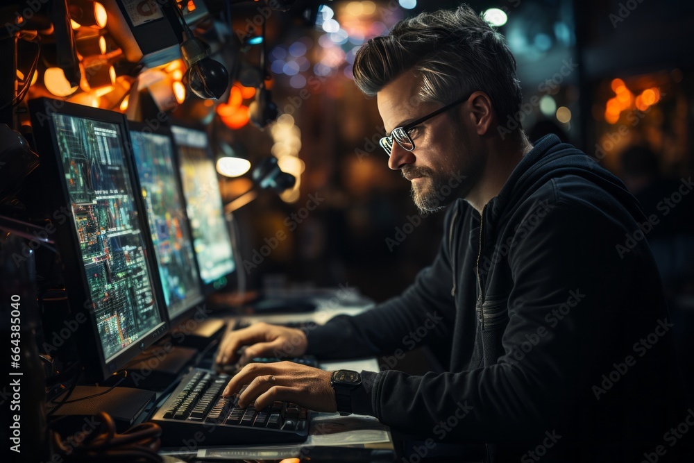Poster it specialist sits in dark office and looks at several monitors with his hands on the keyboard. youn