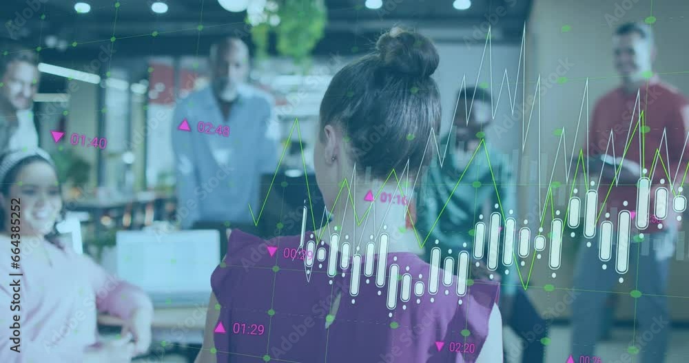 Aufkleber Animation of multiple graphs and trading board over diverse coworkers discussing reports