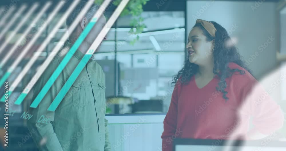 Poster animation of graph, globe and computer language over diverse coworkers discussing in office