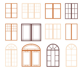 A set of window frames of different sizes and types. Elements of the interior of the room. Vector illustration