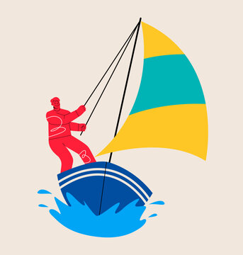 Man is sailing. Colorful vector illustration