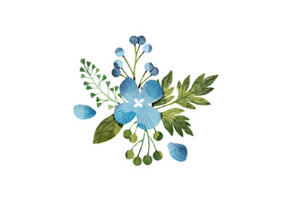 Floral composition with blue flowers, green leaves and ferns. Floral illustration. Floral decoration for wedding, invitations, cards, wall art. © Helga
