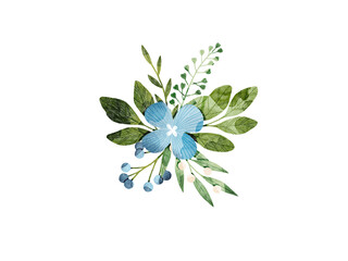 Floral composition with blue flowers, green leaves and ferns. Floral illustration. Floral decoration for wedding, invitations, cards, wall art.