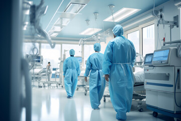 Obraz premium General view of a medical ward in a hospital. Doctors and healthcare workers in personal protective equipment take care of patients, fight infection during a pandemic, using modern medical equipment.