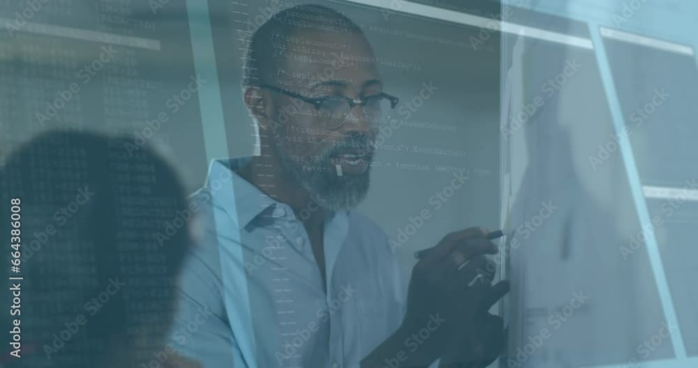 Aufkleber animation of computer language over diverse coworkers discussing strategy on whiteboard