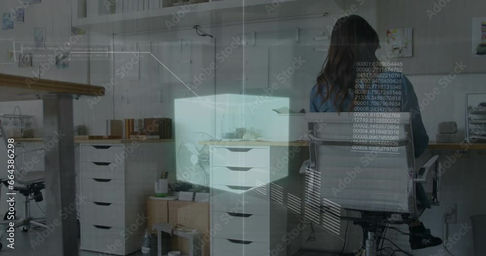 Poster animation of 3d cube, graph and computer language, rear view of woman working on computer