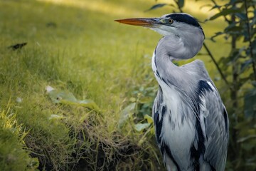 Majestic Great Blue Heron stands perched in a lush green forest.