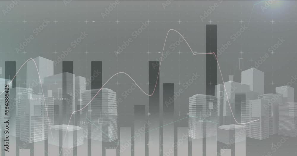 Poster animation of multiple graphs and 3d model of buildings against over abstract background
