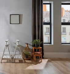 Modern home room style, grey wall, brown curtain, frame and botanic house concept.