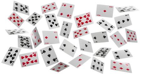Flying playing cards for poker and gambling isolated on white, clipping path - obrazy, fototapety, plakaty