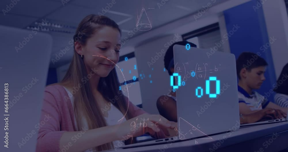 Poster animation of binary codes, mathematical equation over caucasian girl using laptop in classroom