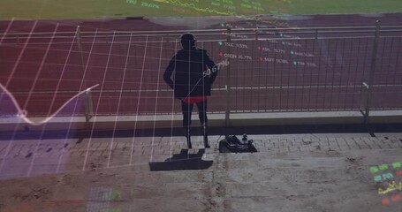 Animation of multiple graphs, trading boards, african american athlete doing warm up before practice - Powered by Adobe