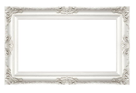 3D white ornate antique picture frame isolated over a transparent background